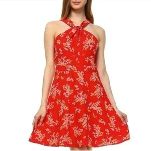 19 Cooper Red Floral Print Knot Front Halter Neck Dress Size L NEW
